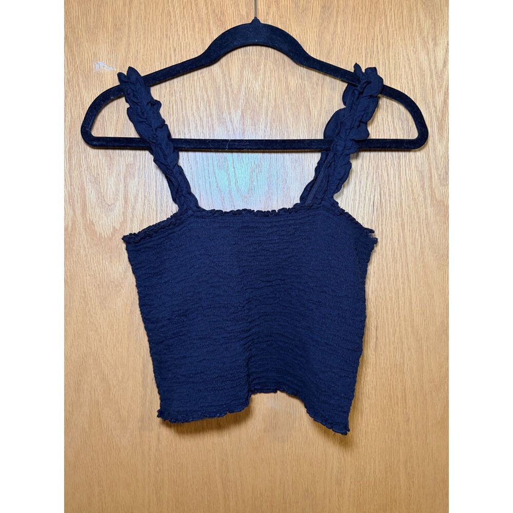 Aerie Smocked Crop Top Black Ruffle Straps Size M
